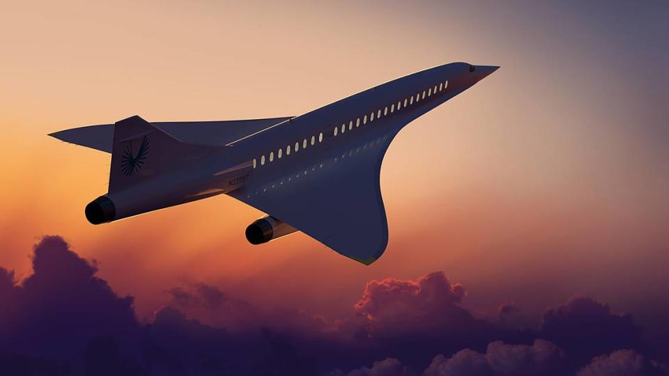 A rendering of Boom Supersonic’s Overture passenger jet, which will be able to seat 65-88 passengers, be net-zero on carbon emissions, travel at Mach 1.7 at a cruising altitude of 60,000 feet.