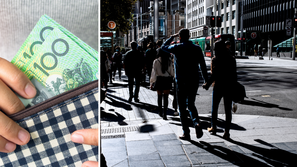 Refund: A composite image of a person removing $100 notes from a wallet and people crossing the street in the Sydney CBD.