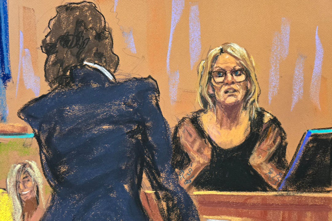 A courtroom sketch of Stormy Daniels being questioned by prosecutor Susan Hoffinger.