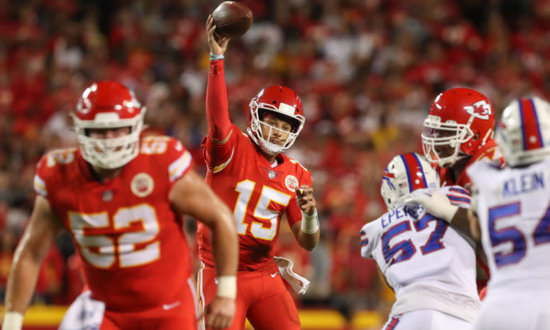 Chiefs quarterback Patrick Mahomes throws a pass against the Bills.