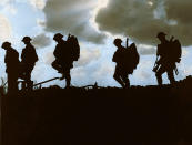 <p>Troops moving at Eventide. Men of a Yorkshire regiment on the march. (Tom Marshall/mediadrumworld.com) </p>
