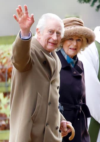 <p>Max Mumby/Indigo/Getty</p> King Charles and Queen Camilla attend the Sunday service at the Church of St Mary Magdalene on the Sandringham estate on February 4.