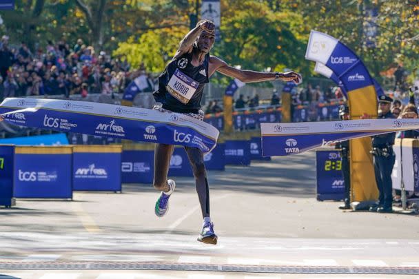 Albert Korir of Kenya crosses the finish line first in the men's division of the New York City Marathon in New York, Sunday, Nov. 7, 2021. Korir is looking to defend his New York City Marathon title when he races on Sunday, Nov. 6, 2022.  ((AP Photo/Seth Wenig, File))