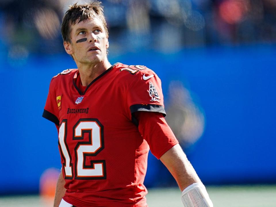 Tom Brady looks up after a play against the Carolina Panthers.