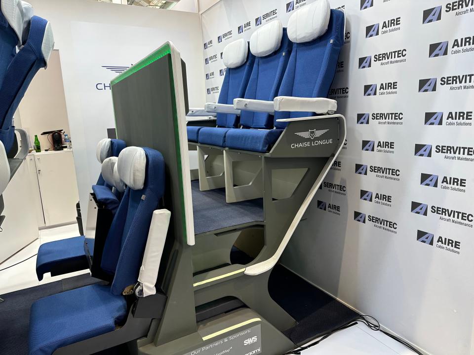 Chaise Lounge Economy Seat concept at the Aircraft Cabin Interiors Expo in Hamburg, Germany.