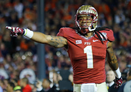 FILE PHOTO: Florida State Seminoles Kelvin Benjamin celebrates after catching the game winning touchdown pass agasinst the Auburn Tigers in the fourth quarter during the BCS Championship football game in Pasadena, California January 6, 2014. REUTERS/Mike Blake