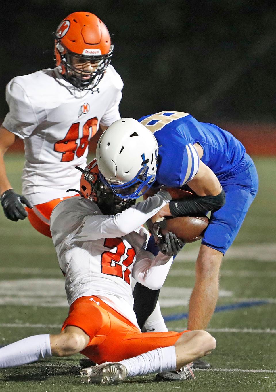 Clipper #8 WR Jackson Adams hangs onto the ball as Sachems DB Ryan Dibona tries to strip it from his hands.

The Norwell Clippers host the Middleboro Sachems on the gridiron on Friday, Oct. 13, 2023