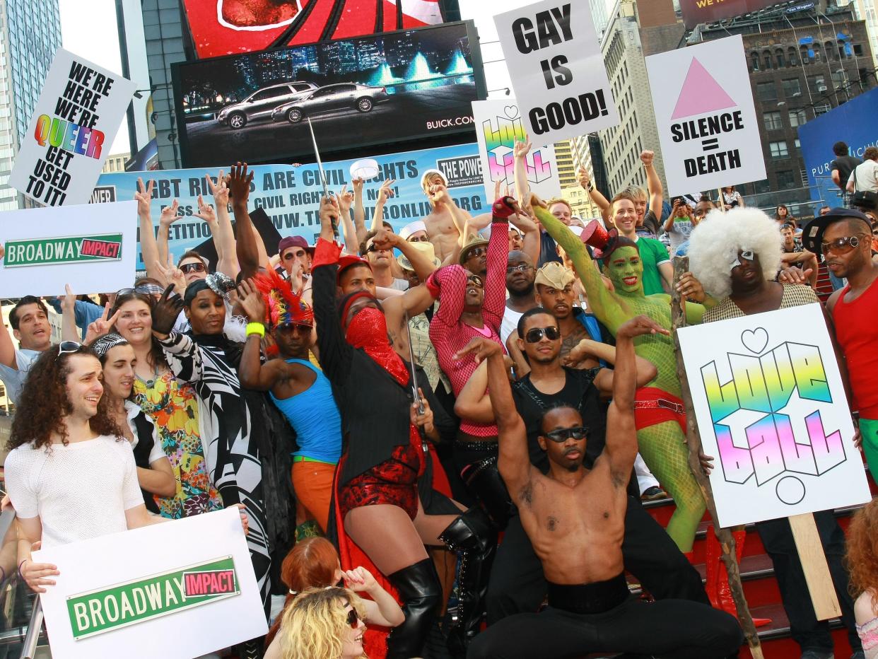 Dancers, Voguers, Drag Performers and and Sailors from Various Broadway shows attend the 40th Anniversary of the Stonewall Riots in Times Square on June 25, 2009 in New York City.