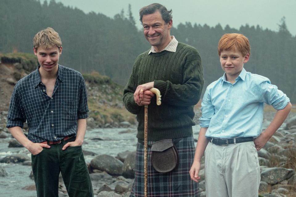 Dominic West as King Charles (then Prince Charles) and Rufus Kampa as The Young Prince William (Keith Bernstein/Netflix)