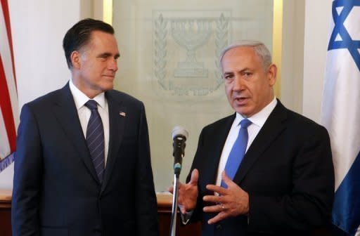 US Republican presidential candidate Mitt Romney and Israeli Prime Minister Benjamin Netanyahu brief the press before a meeting in Jerusalem in July 2012. Romney's electoral chances took another hit as secretly-shot video footage showed him dismissing Palestinians and saying there was no point in pursuing Middle East peace