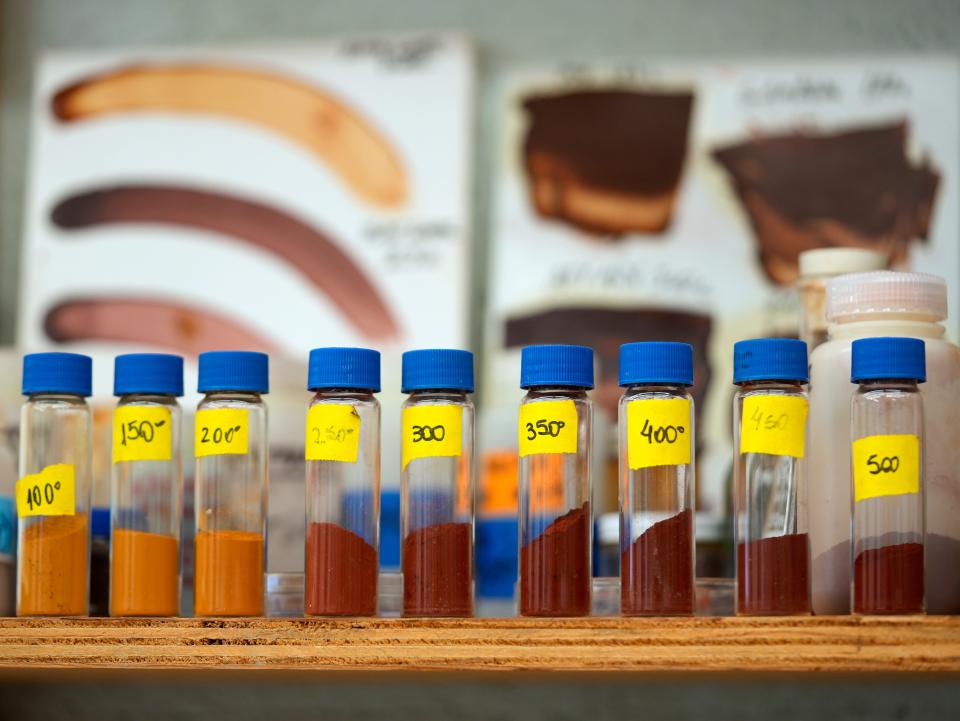 Igments collected from acid minewater seepage at a property on Truetown Road in Millfield, Athens County, is seen Nov. 10, 2023, in the studio space of Ohio University art professor John Sabraw. Sabraw and Guy Riefler, a chemistry professor at OU, worked together to collect the leftover elements to be used as pigments in paint, which is then sold to fund cleanup efforts.