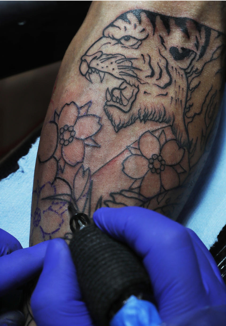 En esta foto del 15 de abril de 2019, Liz Ruiz tiene el tatuaje de un tigre estampado en su brazo en el salón de tatuajes Corona en la Ciudad de México. (AP Foto / Marco Ugarte)