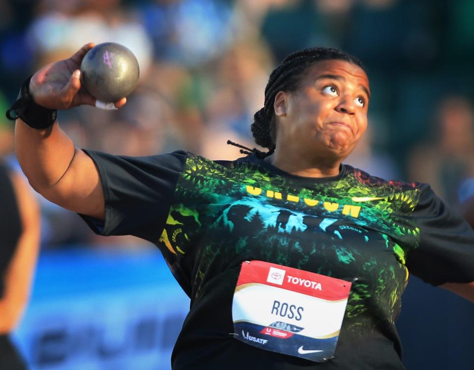 Oregon's Jaida Ross competes in the women's shot put on day three of the USA Track and Field Outdoor Championships July 8, 2023.