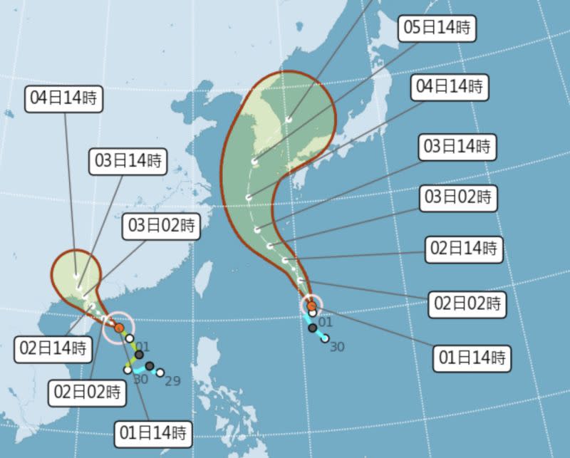 ▲目前在西北太平洋上的兩個颱風，未來都不會直接影響台灣，不過受到低壓帶北移影響，未來一週中南部及東半部地區天氣都不穩定。（圖／翻攝中央氣象局官網）