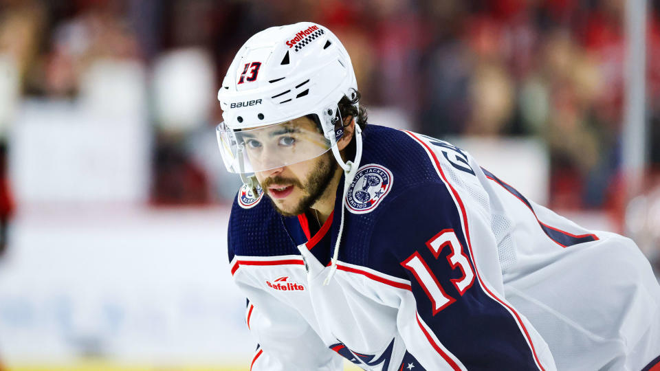 RALEIGH, NC – APRIL 7: Johnny Gaudreau #13 of the Columbus Blue Jackets looks on during warmups of the game against the Carolina Hurricanes at PNC Arena on April 7, 2024 in Raleigh, North Carolina. The Hurricanes defeat the Jackets 3-0. (Photo by Jaylynn Nash/Getty Images)