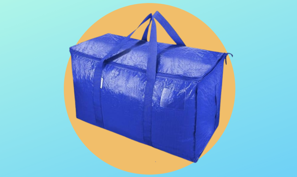 the blue storage tote on a yellow and blue background
