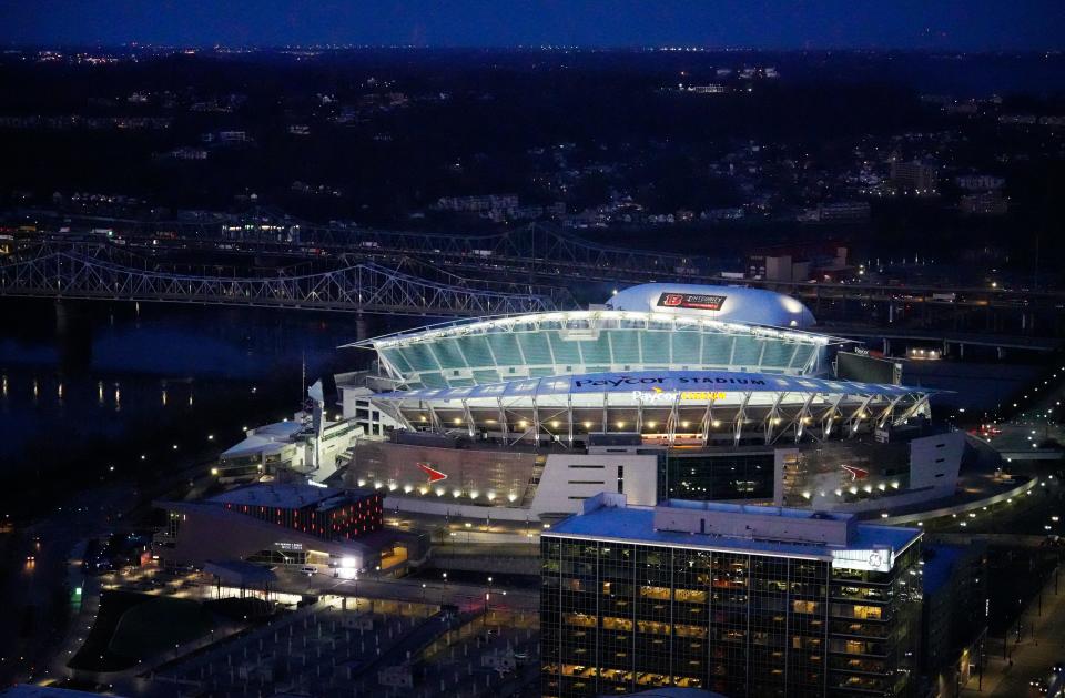 Paycor Stadium is the home of the Cincinnati Bengals, Thursday, March 28, 2024. The franchise began in 1968 under owner, Paul Brown, former coach of the Cleveland Browns. Photographed from Queen City Square.