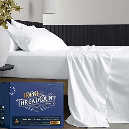 TEXAS LINEN CO. Pure Cotton Bed Sheets (Queen, 1000 Thread Count) White Sheets and Pillow Cases Set (4 Piece)– Cotton Sheets Queen Size Bed- Sateen Weave Sheets- 18” Queen Deep Pocket Sheets