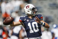 Auburn quarterback Bo Nix (10) throws a pass against Kentucky during the second quarter of an NCAA college football game on Saturday, Sept. 26, 2020 in Auburn, Ala. (AP Photo/Butch Dill)