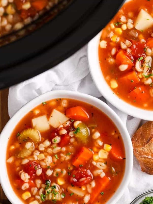 <p>Spend With Pennies</p><p>Slow cooker veggie soup will ruin you for stovetop veggie soup. This one is thick, hearty, and jam-packed with fresh veggies in a flavorful broth!</p><p><strong>Get the recipe: <a href="https://www.spendwithpennies.com/vegetable-barley-soup/" rel="nofollow noopener" target="_blank" data-ylk="slk:Vegetable Barley Soup;elm:context_link;itc:0;sec:content-canvas" class="link ">Vegetable Barley Soup</a></strong></p>