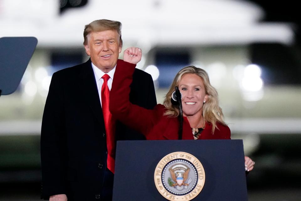 President Donald Trump and Rep. Marjorie Taylor Greene at a Senate runoff campaign rally in Dalton, Georgia, on Jan. 4, 2021.