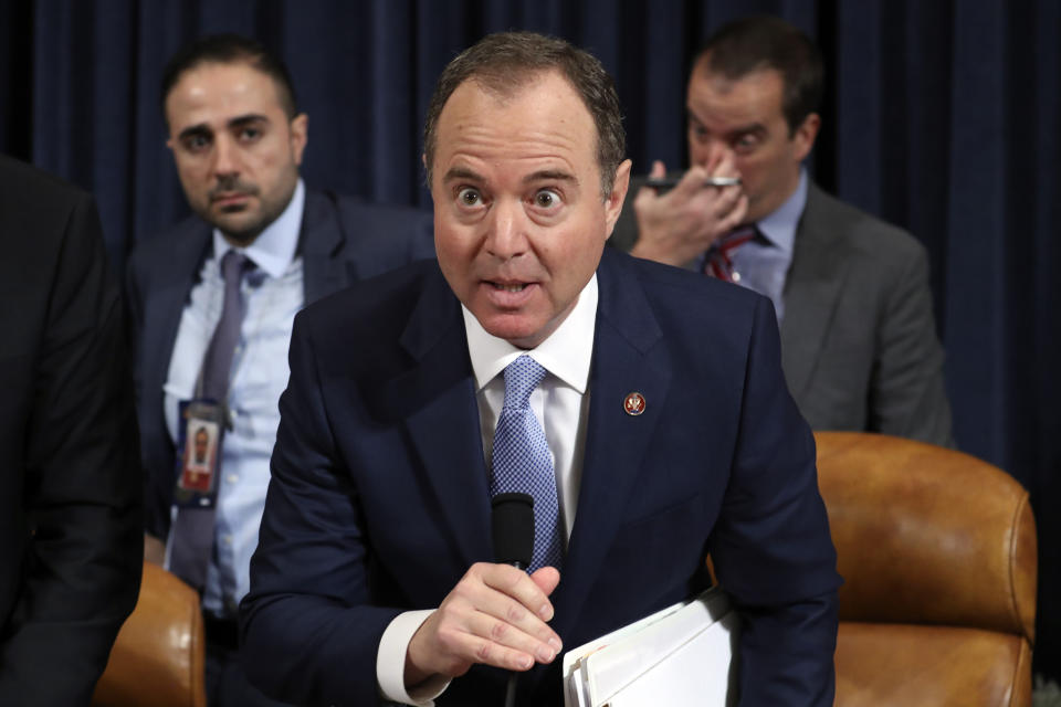 Chairman of the House Intelligence Committee Adam Schiff, D-Calif., calls a recess as former U.S. Ambassador to Ukraine Marie Yovanovitch testifies before the House Intelligence Committee on Capitol Hill in Washington, Friday, Nov. 15, 2019, during the second public impeachment hearing of President Donald Trump's efforts to tie U.S. aid for Ukraine to investigations of his political opponents. (AP Photo/Andrew Harnik)