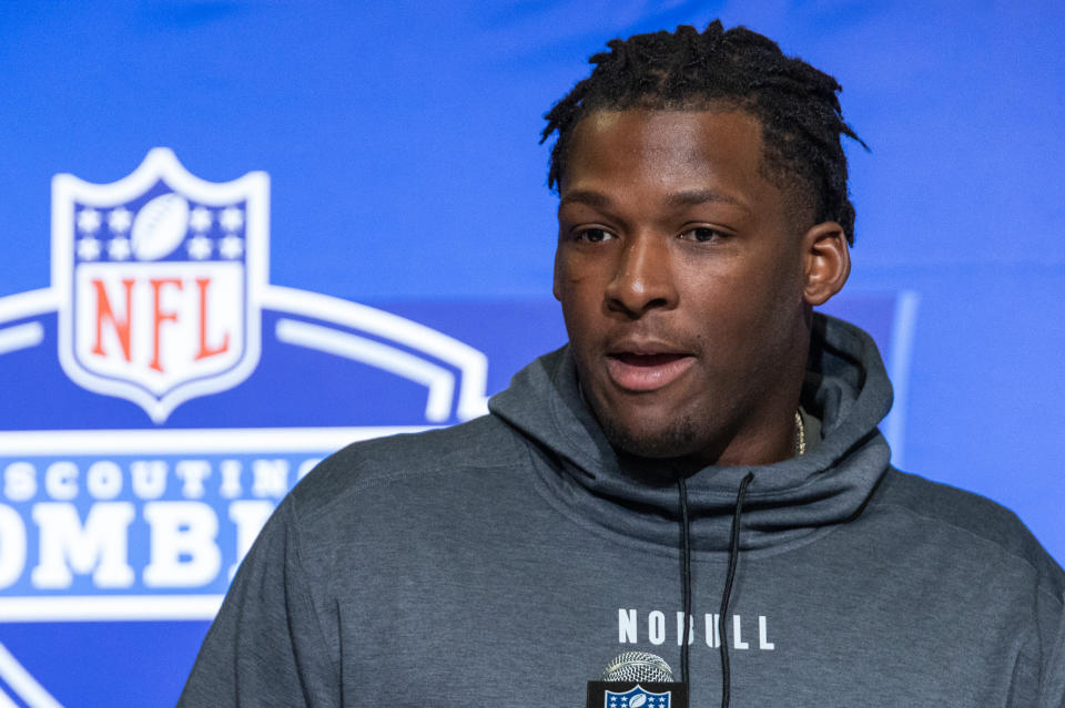 Mar 1, 2023; Indianapolis, IN, USA; Wisconsin defensive lineman Keeanu Benton (DL01) speaks to the press at the NFL Combine at Lucas Oil Stadium. Mandatory Credit: Trevor Ruszkowski-USA TODAY Sports