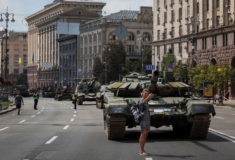 People attend exhibition displaying destroyed Russian military vehicles in central Kyiv