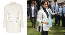 <p>For a reception hosted by the Prime Minister of Australia at The Pavilion Restaurant later the following day, Meghan dressed in a turtleneck, her go-to Mother Denim jeans and a £510 blazer by L’Agence. Surprisingly, the pinstriped number is still available online. What are you waiting for? <a rel="nofollow noopener" href="https://www.net-a-porter.com/gb/en/product/1059727?cm_mmc=LinkshareUK-_-QFGLnEolOWg-_-Custom-_-LinkBuilder&siteID=QFGLnEolOWg-LXDVVPrcyFLRN_f3XYPUTA&rewardStyle=rewardStyle&dclid=CLy-z-PKmd4CFRLW7QodG_oAMQ" target="_blank" data-ylk="slk:Shop now" class="link "><strong>Shop now</strong></a>. <em>[Photo: Getty]</em> </p>