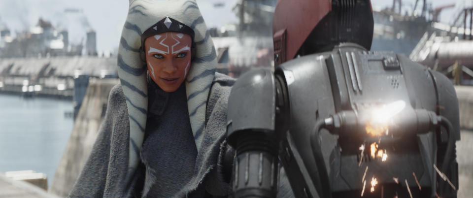 (L): Ahsoka Tano (Rosario Dawson) in Lucasfilm's STAR WARS: AHSOKA, exclusively on Disney+. Â©2023 Lucasfilm Ltd. & TM. All Rights Reserved.