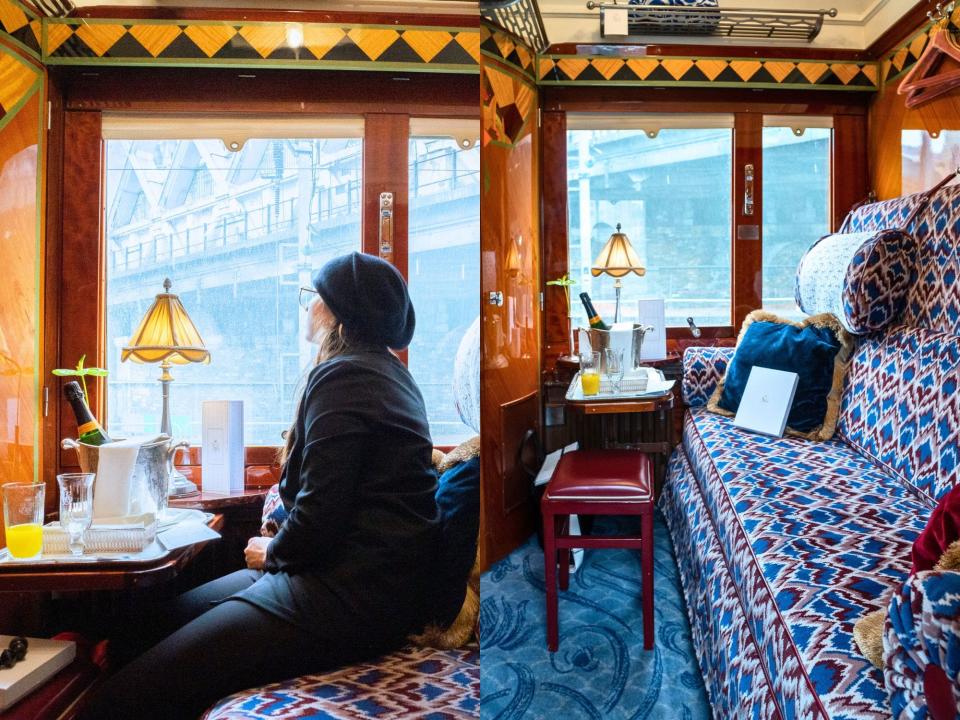 Left: The author looks out the window of her lavish train cabin. Right: A couch and table inside a lavish train cabin.