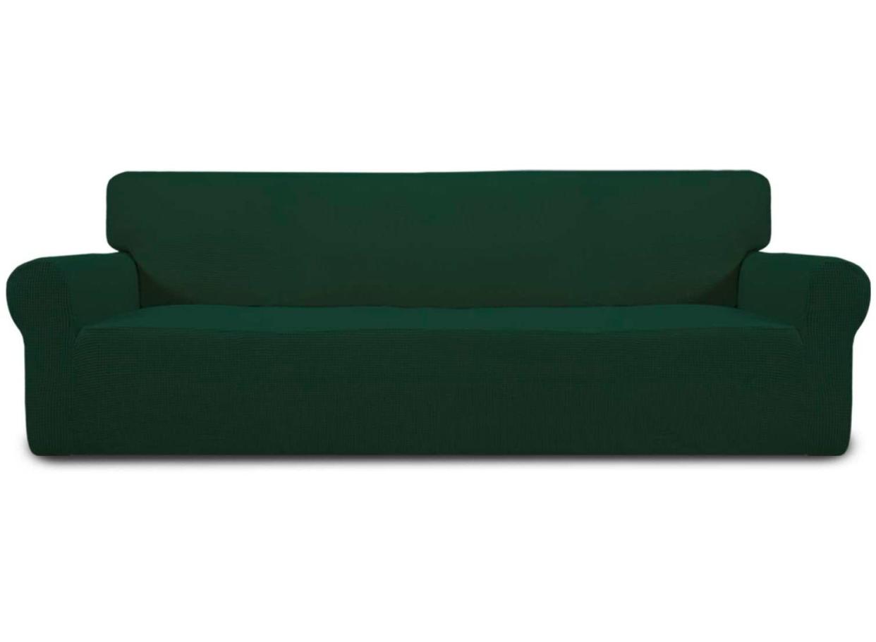 This spandex and polyester blend couch cover will stretch to fit your four-seater couch, while still remaining comfortable and soft. (Source: Amazon)