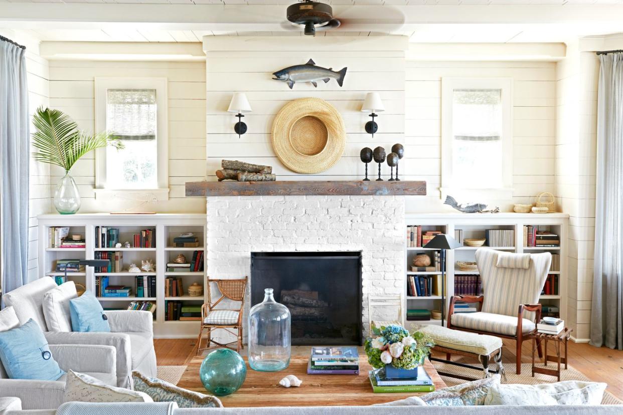 a living room with a fireplace