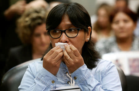 Carmen Condor, sister of Amaro Condor, victim of repression amid the ruling of Alberto Fujimori, gestures during a hearing convened by the judges of the Inter-American Court of Human Rights in San Jose, Costa Rica, February 2, 2018. REUTERS/Juan Carlos Ulate