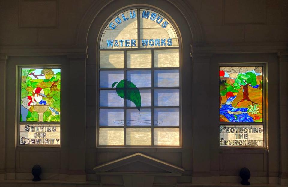 These stained-glass windows are in a historic structure on the grounds of the Columbus Water Works treatment facility on River Road in Columbus, Georgia. 10/30/2023