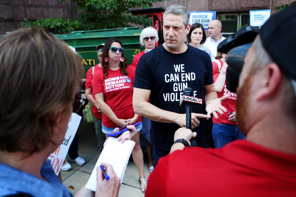 Congressman Tim Ryan, of Ohio District 13, talks to members of the media during a stop at Cincinnati City Hall during his Caravan for Change. Ryan teamed with Moms Demand Action's Ohio Chapter to urge Senate Majority Leader Mitch McConnell to pass comprehensive gun reform legislation. The caravan made five stops in Ohio, and ended with a rally in Louisville near the Muhammad Ali Center.