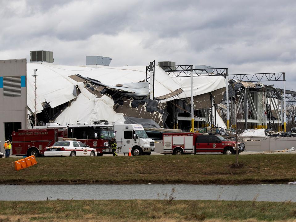 A collapsed roof is seen at an Amazon distribution center after a tornado hits Edwardsville, in Illinois, U.S. December 11, 2021 (REUTERS)