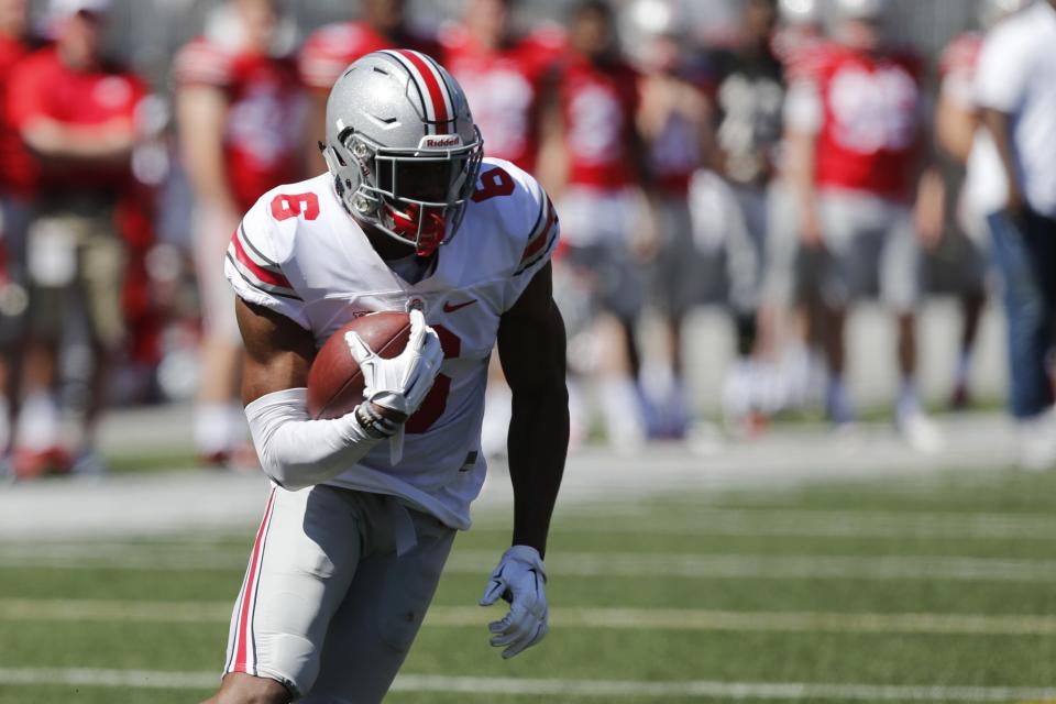 Ohio State wide receiver Torrance Gibson plays in Ohio State's NCAA college football spring game Saturday, April 16, 2016, in Columbus, Ohio. (AP Photo/Jay LaPrete)