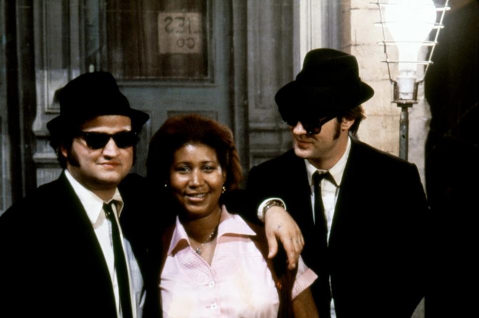 Belushi and Aykroyd at the height of their popularity on the set of the 1980 hit “The Blues Brothers” where the were visited by Aretha Franklin. Corbis via Getty Images