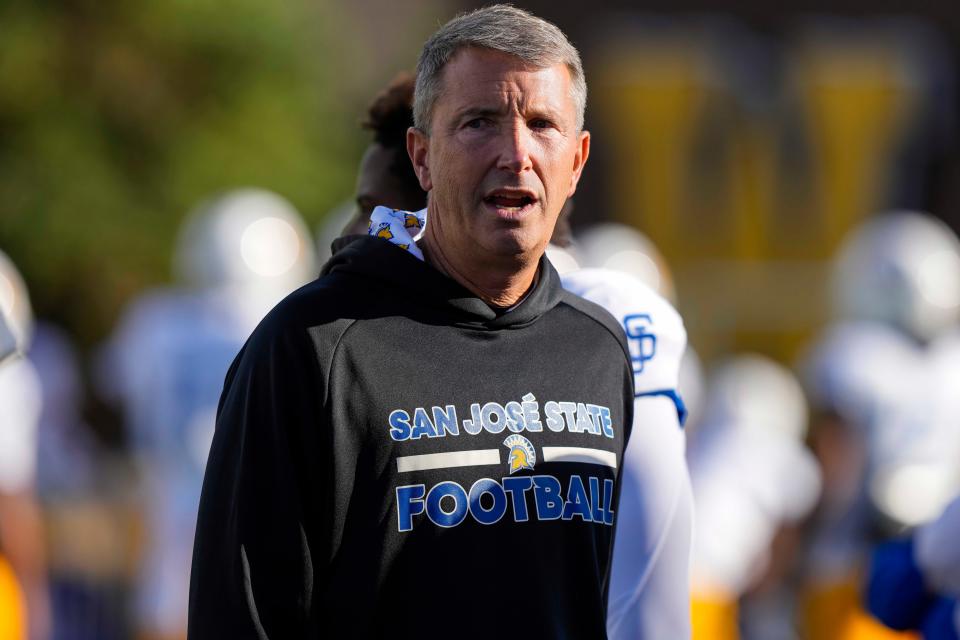 San Jose State Spartans head coach Brent Brennan before the game against the Wyoming Cowboys at Jonah Field at War Memorial Stadium in Laramie, Wyoming, on Oct. 1, 2022.