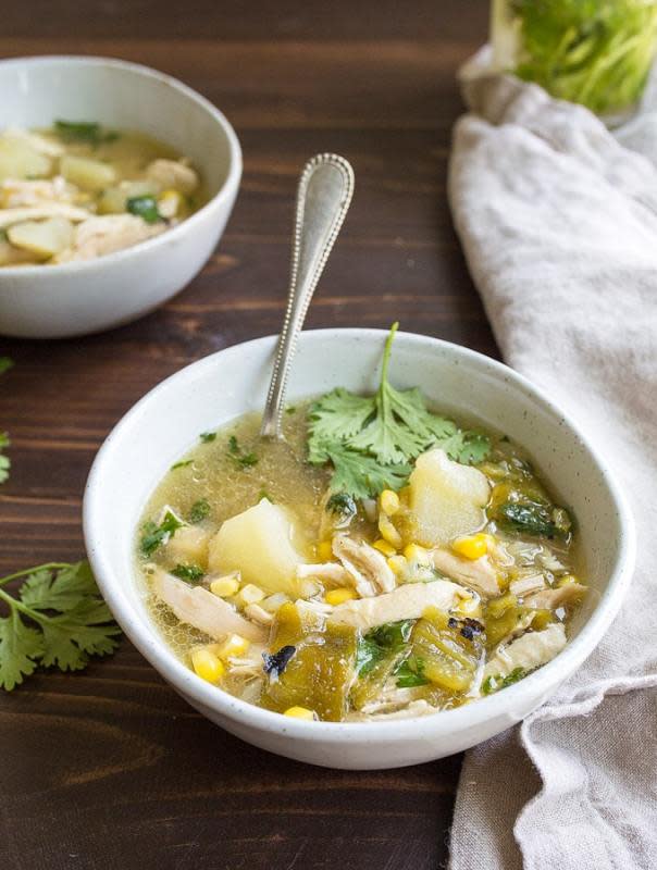 <p>Dessert for Two</p><p>Green chile chicken stew with potatoes, corn and fresh hatch green chiles!</p><p><strong>Get the recipe: <a href="https://www.dessertfortwo.com/green-chile-chicken-stew/" rel="nofollow noopener" target="_blank" data-ylk="slk:Green Chile Chicken Stew;elm:context_link;itc:0;sec:content-canvas" class="link rapid-noclick-resp">Green Chile Chicken Stew</a></strong></p>