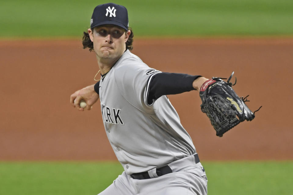 New York Yankees starting pitcher Gerrit Cole (45) in the first inning of Game 1 of an American League wild-card baseball series against the Cleveland Indians, Tuesday, Sept. 29, 2020, in Cleveland. (AP Photo/David Dermer)