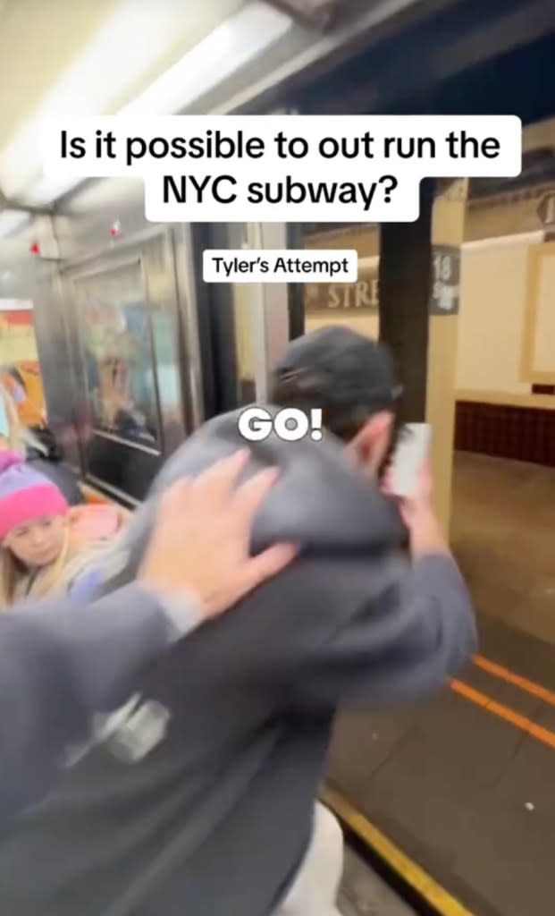 Tyler Swartz attempted to outrun a New York City subway train in a viral video on TikTok. @swartzcenter / TikTok