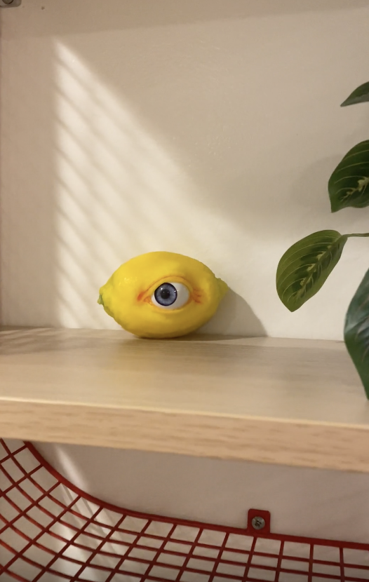 A lemon with a single cartoonish blue eye and red markings is placed on a shelf next to a plant