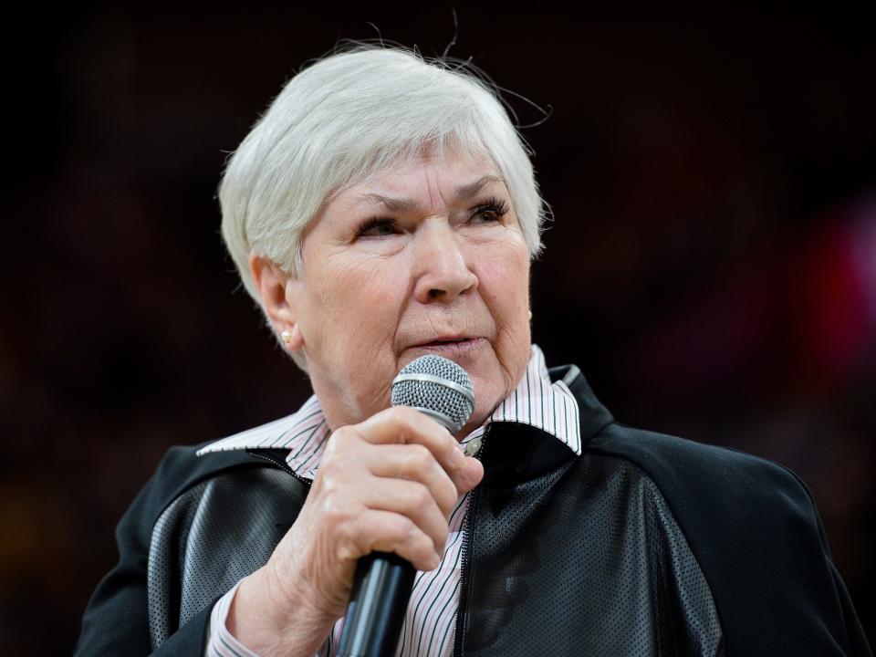 Gail Miller speaks to the crowd before a game between the Utah Jazz and the Minnesota Timberwolves in 2019.
