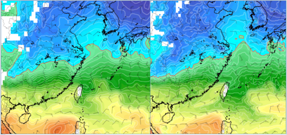 最新歐洲模式，模擬26日20時850百帕溫度（左）圖顯示，冷空氣仍屬「東北季風」等級。美國模式，模擬26日20時850百帕溫度（右）圖則顯示，強度與歐洲模式類似。（翻攝自「三立準氣象.老大洩天機」／圖擷自tropical tidbits）
