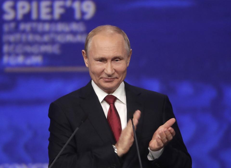 Russian President Vladimir Putin gestures as he addresses the St. Petersburg International Economic Forum in St. Petersburg, Russia, Friday, June 7, 2019. (VMikhail Metzel/TASS News Agency Pool Photo via AP)