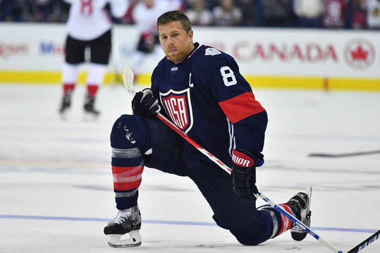 COLUMBUS, OH - SEPTEMBER 9: Joe Pavelski #8 of Team USA stretches during pregame warmups prior to a game against Team Canada on September 9, 2016 at Nationwide Arena in Columbus, Ohio. (Photo by Jamie Sabau/World Cup of Hockey via Getty Images)