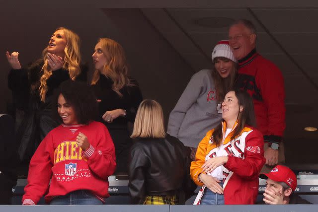 <p>Maddie Meyer/Getty</p> Taylor and Scott Swift cheered on Travis Kelce and the Kansas City Chiefs at Gillette Stadium on Dec. 17.