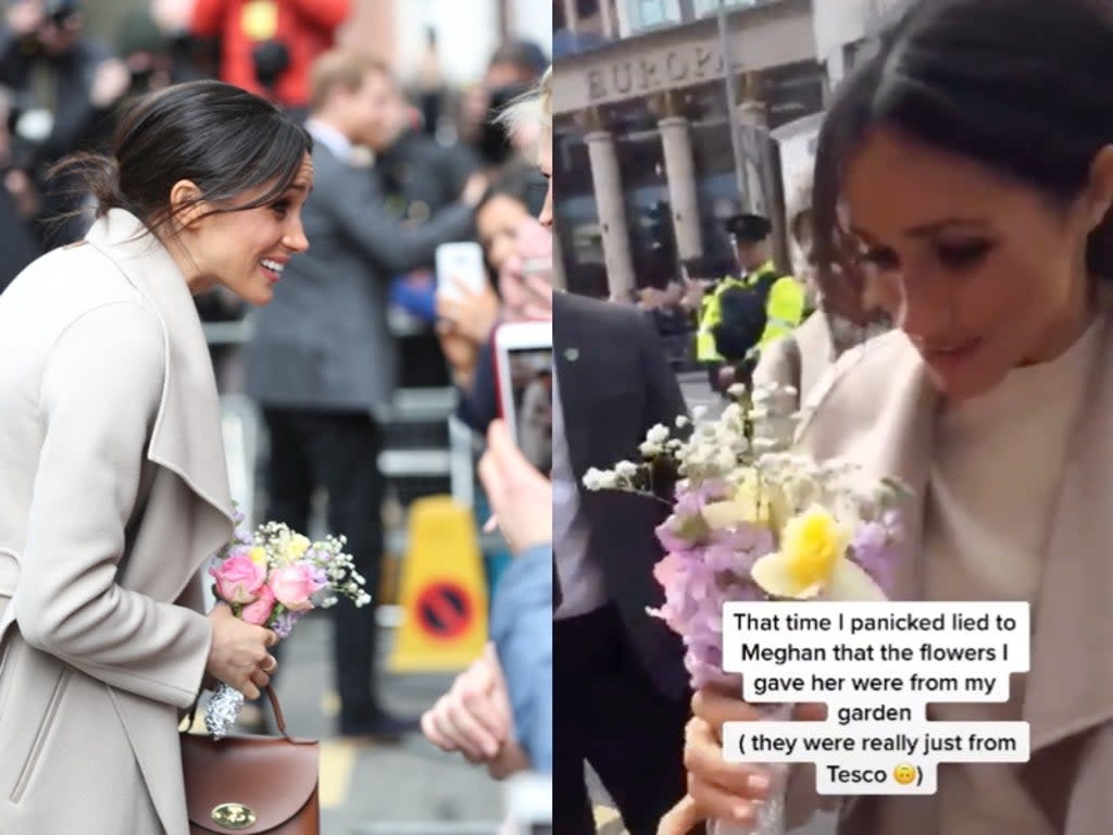 Royal fan reflects on the moment she ‘panic-lied’ to Meghan Markle about bouquet of flowers (Getty / TikTok / @allthatspretty)